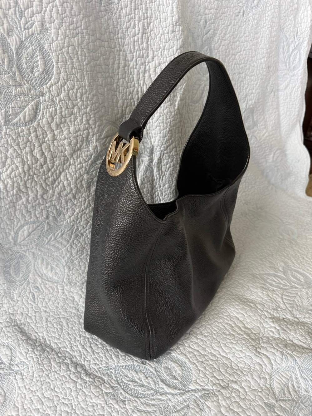 Michael Kors Black Pebbled Leather Shoulder Hobo with Gold MK Charm